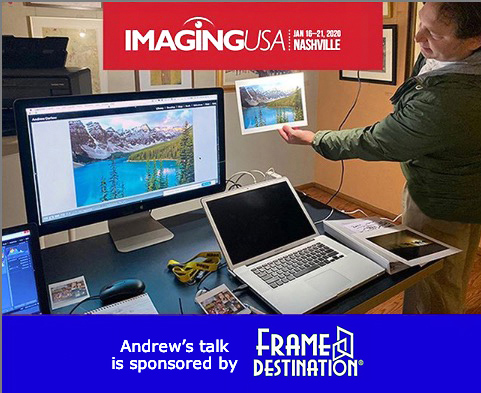 Andrew Darlow comparing a screen to a print to help promote his talk at Imaging USA 2020.